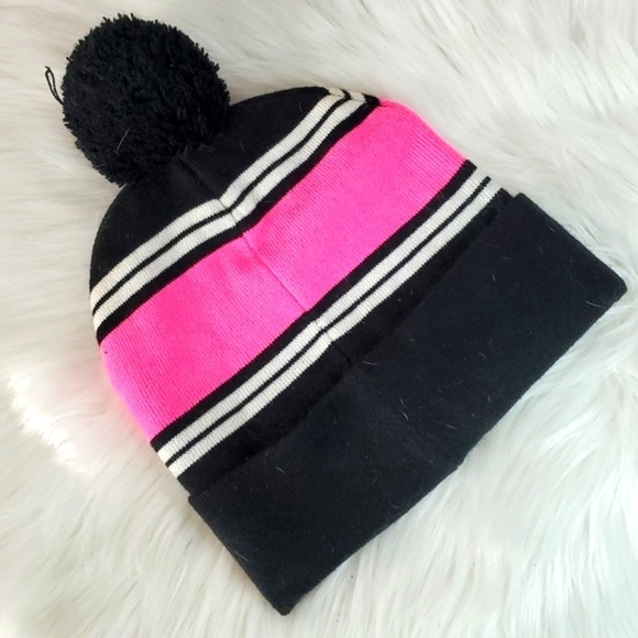 Victoria's Secret PINK Pompom Logo Knit Beanie Tobbogan Black & Pink One Size - Picture 7 of 10